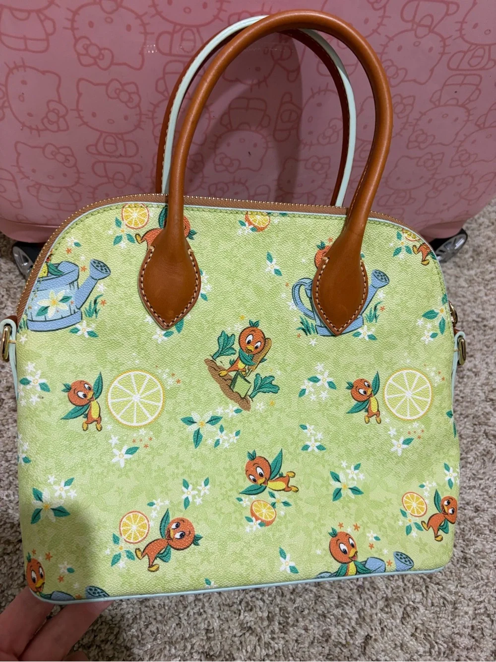 Dooney & Bourke Lime Green Orange Bird Print Satchel with Tan Trim